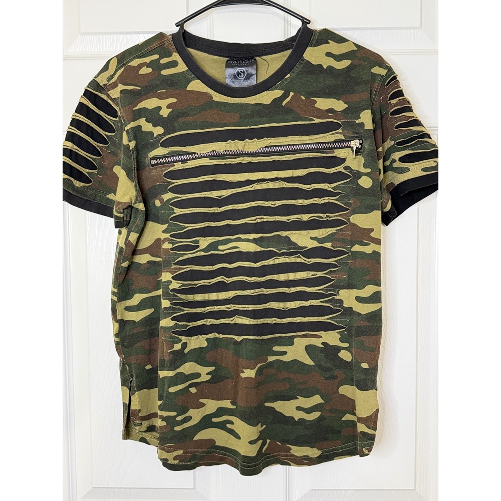 Switch Remarkable T-Shirt Mens Small Green Camo Excellent Distressed Zipper Tee
